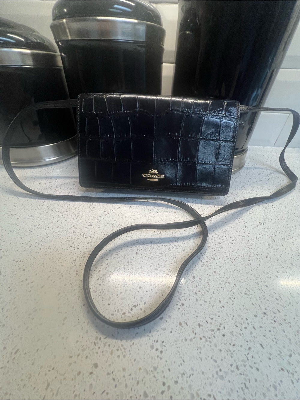 Coach Black Croc-Embossed Leather Crossbody Envelope Wallet w/ Removable Strap